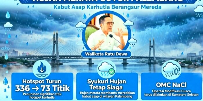 Hujan Merata Guyur Palembang Sejak 25/10 Malam, Kabut Asap Karhutla Berangsur Mereda. Hotspot Sumsel Turun Drastis 336 Jadi 73 Titik.