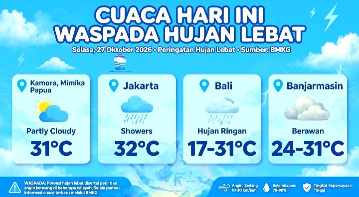 BMKG waspada hujan lebat Selasa 27 Oktober 2026. Kamora Mimika 31°C, Jakarta 32°C hujan, Bali hujan ringan.