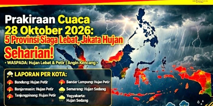 Prakiraan cuaca hari ini, 28 Oktober 2026, 5 provinsi siaga hujan lebat, prakiraan cuaca ibu kota provinsi, sirkulasi siklonik, hujan petir hari ini.