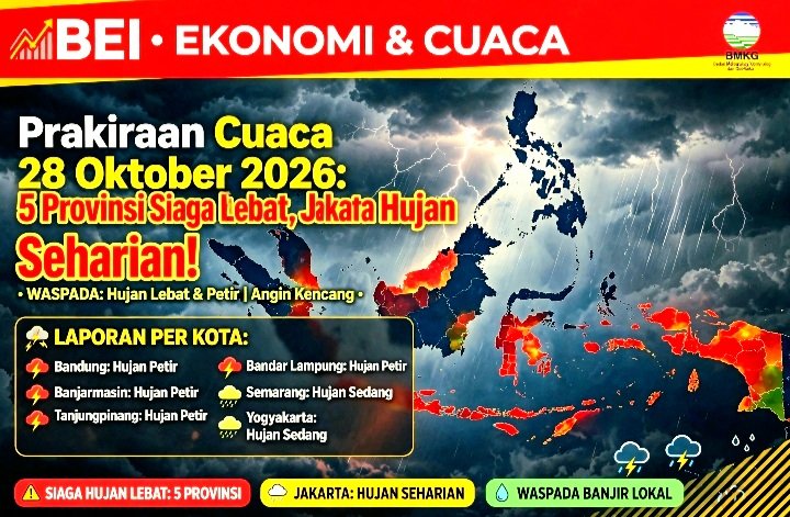 Prakiraan cuaca hari ini, 28 Oktober 2026, 5 provinsi siaga hujan lebat, prakiraan cuaca ibu kota provinsi, sirkulasi siklonik, hujan petir hari ini.