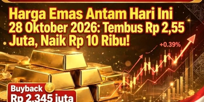 Harga emas Antam hari ini 28 Oktober 2026. Harga emas Antam Logam Mulia naik Rp 10.000 menjadi Rp 2.550.000 per gram, buyback Rp 2.345.000.