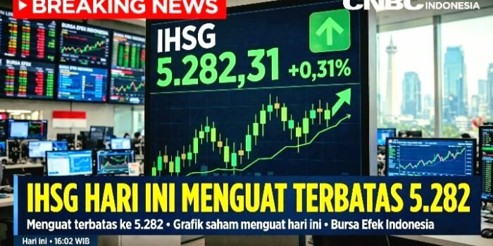 IHSG hari ini Kamis 29 Okt 2026 menguat 0,31% ke 5.282,31. Diprediksi bullish 5.300-5.360, netral 5.220-5.300. Rekomendasi saham BBRI, ANTM, AADI.