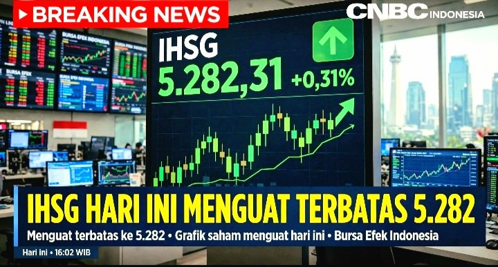 Screenshot_20261029-090954_WhatsApp IHSG hari ini Kamis 29 Okt 2026 menguat 0,31% ke 5.282,31. Diprediksi bullish 5.300-5.360, netral 5.220-5.300. Rekomendasi saham BBRI, ANTM, AADI.
