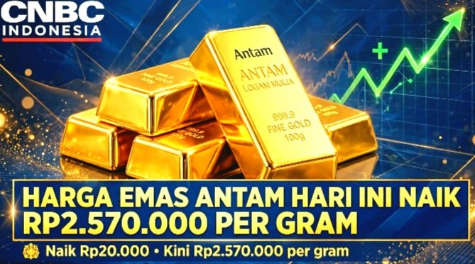 Harga Emas Antam hari ini Kamis 29 Okt 2026 naik Rp20.000 jadi Rp2.570.000/gram. Buyback Rp2.365.000. Daftar lengkap 0,5g-1kg dan harga Pegadaian.