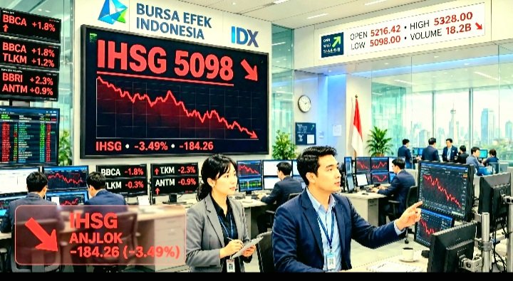 Screenshot_20261030-084552_WhatsApp IHSG hari ini Jumat 30 Oktober 2026 anjlok 3,49 persen ke 5.098,06! Seluruh sektor BEI merah, BBCA dan BBRI jadi pemberat.