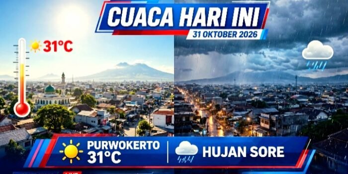 Prakiraan cuaca Banyumas Purwokerto hari ini Sabtu 31 Oktober 2026 panas terik siang UV Extreme hujan sore malam.