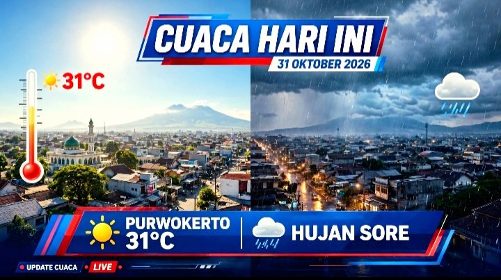 Prakiraan cuaca Banyumas Purwokerto hari ini Sabtu 31 Oktober 2026 panas terik siang UV Extreme hujan sore malam.
